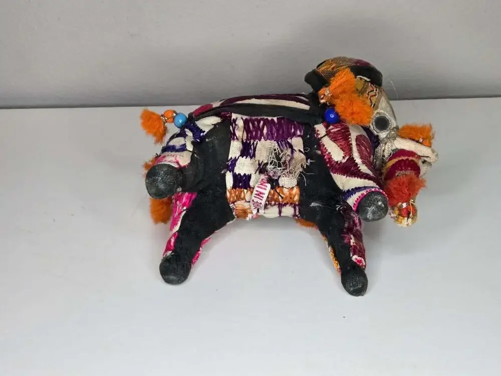 Vintage Handcrafted Indian Folk Art Patchwork Embroidered Beaded Elephant Figure